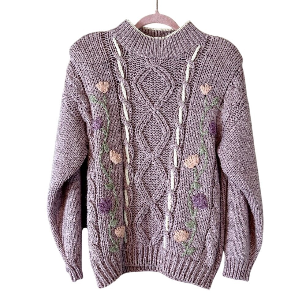 80s Bramble Lane Sweater Women's Large Lilac Light Purple Chunky Handknit Knit‎